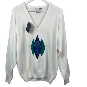 NWT Vintage Pringle Sports Womens L V Neck Golf Sweater Embroidered Ribbed Hem